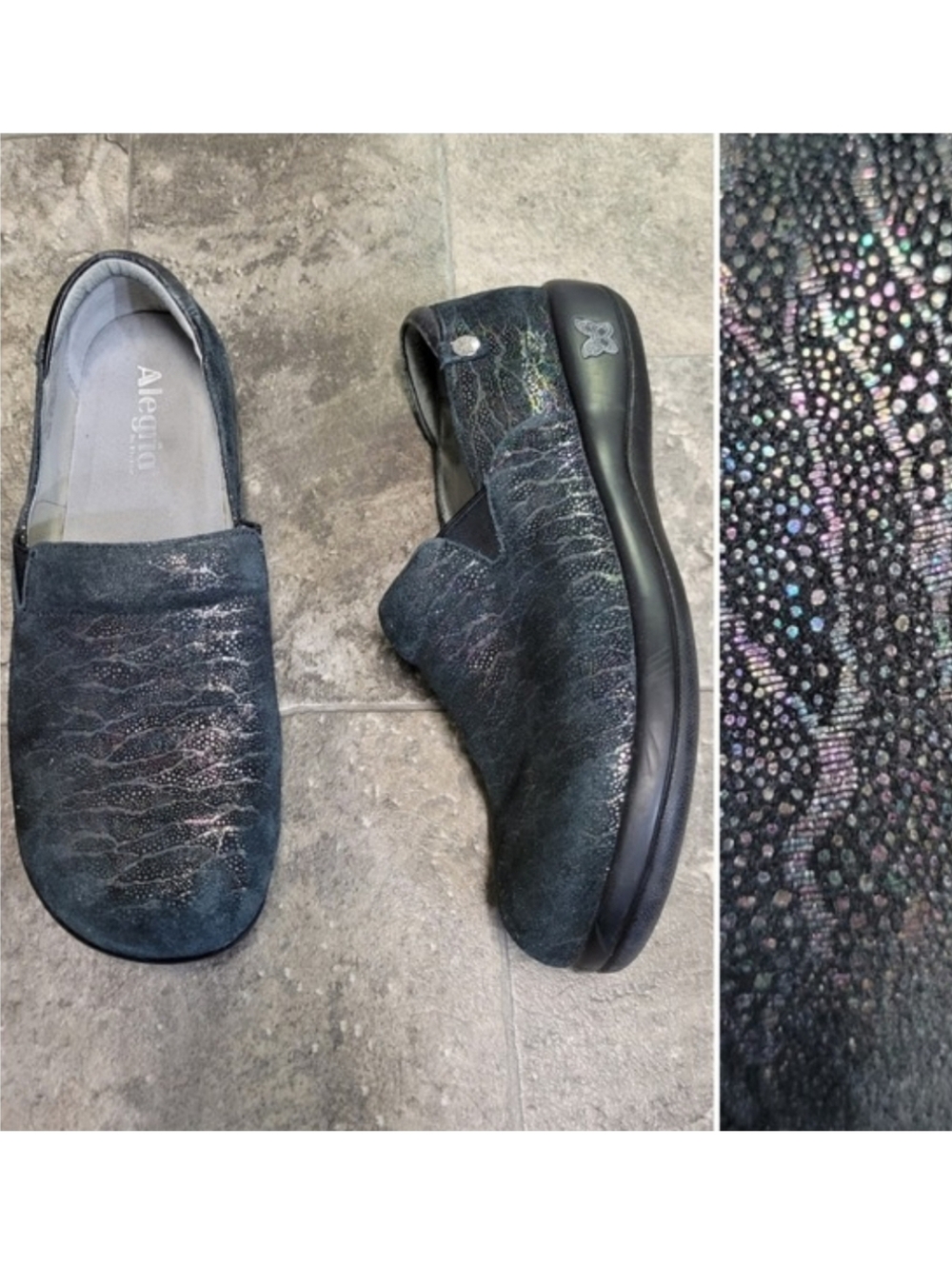 Alegria KEL-193 Slip On Black Rainbow Iridescent Shimmer Leather Loafers Euro 43